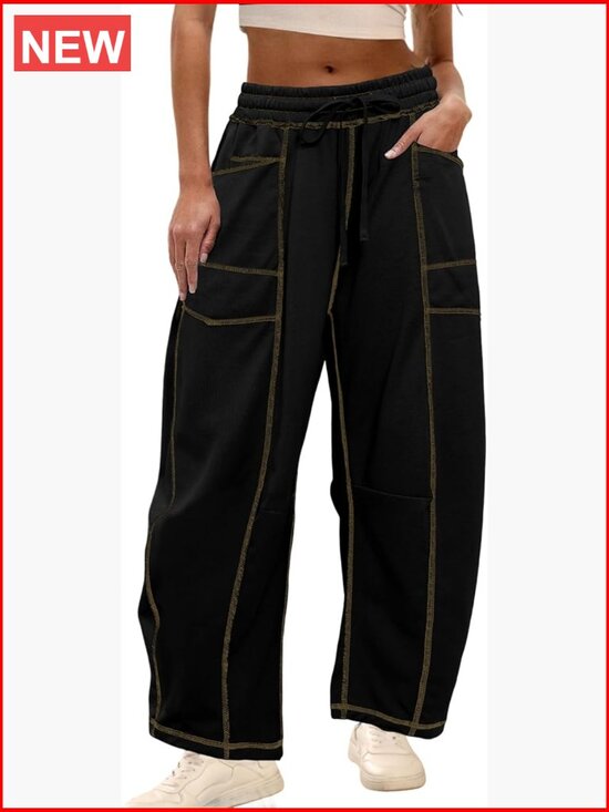 Pants - Womens Baggy Barrel Pants Wide Leg Lounge Drawstring Sweatpants with Pockets